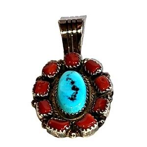 Vtg Navajo RB RUNNING BEAR Sterling Silver Turquoise & Coral Pendant Slide